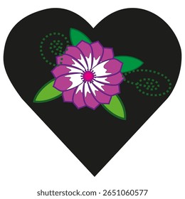 Purple flower bloom. Green leaf detail. Heart shaped graphic. Vector botanic art.