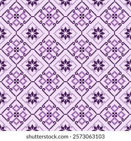 Purple flower cross stitch seamless pattern with decorative elements. Vector illustration. Purple background. Design for bedding, curtains, tiles, ceramic pottery, and clothing.