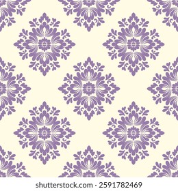 Purple flower damask seamless pattern. Victoria style. Fine vector traditional ornament with oriental elements. Idea for rugs, curtains, carpet, wallpaper, pottery, and tiles.