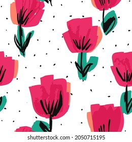 Purple Flower Drawing Vector Seamless Pattern. Tulip Fabric Wallpaper. Red Romantic Felt pen Design. Blossom Spring Paper Texture.