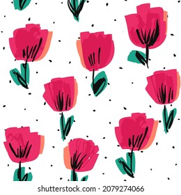 Purple Flower Felt pen Vector Seamless Pattern. Lotus Decorative Design. Pink Romantic Drawn Background. Tulip Beautiful Wallpaper.