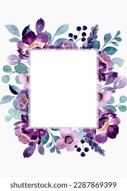 Purple flower frame with watercolor for wedding, birthday, card, background, invitation, wallpaper, sticker, decoration etc.
