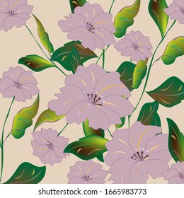 Purple flower and green leaves pattern on background wallpaper design.Vector illustration.