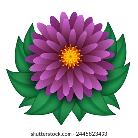 Flor púrpura con hojas verdes. Vector 3D ilustración aislada sobre fondo blanco.