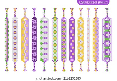 Purple flower handmade friendship bracelets set of threads or beads. Macrame normal pattern tutorial. Vector cartoon isolated illustration.