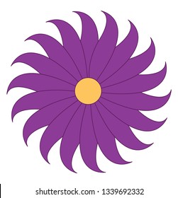 A purple flower having several petals and a yellow circle in the middle vector color drawing or illustration