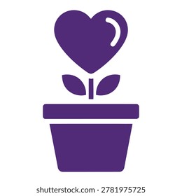 Purple flower with a heart shape inside a small planting pot icon Vector