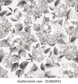 Purple flower hydrangea on seamless background. Mop head hydrangea flower pattern. Beautiful sepia flowers. Vector illustration.