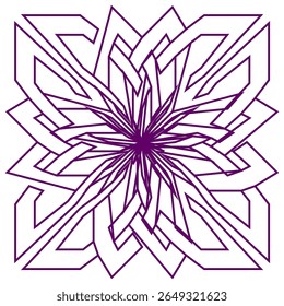 Purple flower icon. Radial petal motif. Geometric bloom Vector. White backdrop emblem.