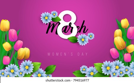 purple Flower and leaves . 8 March. Women's Day Greeting card. Space for text on white background. Happy Mother's Day. Spring illustration