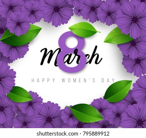 purple Flower and leaves . 8 March. Women's Day Greeting card. Space for text on white background. Happy Mother's Day. Spring illustration