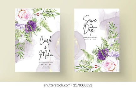 purple flower and leaves wedding invitation card template