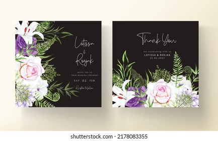 purple flower and leaves wedding invitation card template