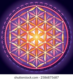 Purple Flower of Life. Mystical Sacred Geometry with Radiant Energy