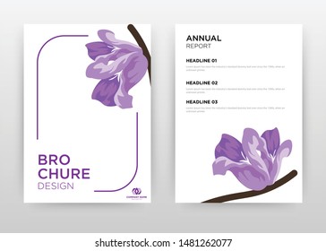 Purple flower on stroke frame design for annual report, brochure, flyer, poster. Flower petal on white background vector illustration for flyer, leaflet, poster. Business abstract A4 brochure template