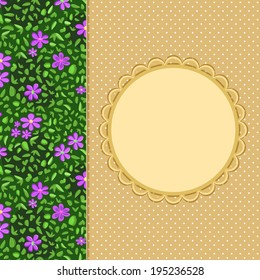 Purple Flower Panel on Beige Invitation Card with Round Label