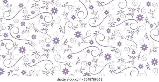 Purple flower pattern with swirls and floral design with white background. Used for notebooks, wallpapers, backgrounds, journals, cards.