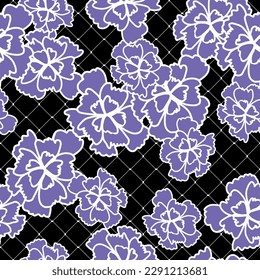 violettes Blumenmuster mit weißer Kontur auf schwarz-weißem Meshhintergrund. Perfekt für Textilien und verschiedene Oberflächen. Bereit für Farbe und Wiederholung. Vektorgrafik und All-over-Design