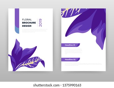 Purple flower petals business annual report brochure flyer design. Multipurpose abstract brochure template on white background. Purple flower leaves flyer leaflet vector design. Vertical A4 format.