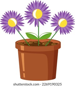 Purple flower in pot on white background illustration