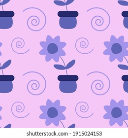 Purple flower in pot seamless background for textiles, fabrics, covers, wallpapers, print, gift wrapping or any purpose