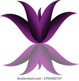 Una flor púrpura con un reflejo aislado sobre un fondo blanco. La flor tiene seis pétalos y es un gradiente de púrpura. El reflejo es un gradiente de gris. 