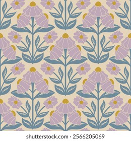 Purple flower seamless pattern for fabric , wallpaper or wrapping paper. Repeated floral vector illustration