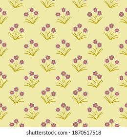 Purple flower seamless pattern on yellow background. Flat design. Botanical illustration.