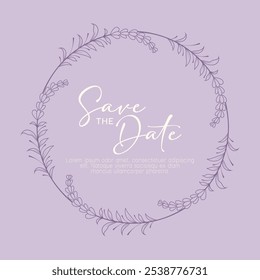 Purple flower wreath for wedding invitation and save the date card