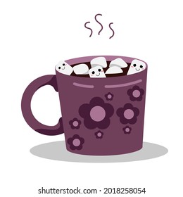 purple flowered mug with warm drink and funny marshmallows