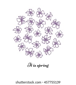 Purple flowers. Abstract background. Flowers in a circle. It is spring. It can be used as a background for invitations, greeting cards, banners.