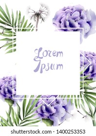 Purple flowers and dandelion Vector watercolor. Summer floral card