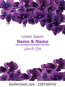 Purple flowers frame Vector. Wedding invitation card, ceremony event, anniversary templates