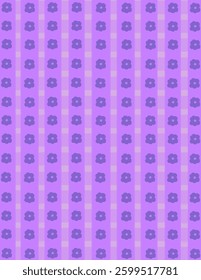 Purple flowers in gingham pattern on purple background for web banner, branding package, fabric print, wallpaper, social media post, doodle, notes, book covers, wall decor.