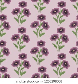 Purple flowers with green leaves on light pink background floral seamless pattern