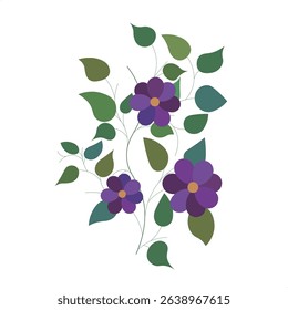 Purple flowers with green leaves vector illustration. Printable and editable