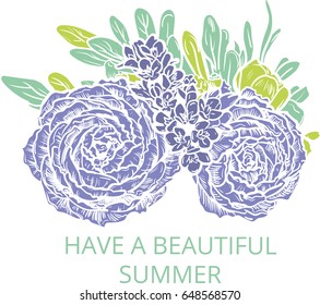 Purple flowers with green leaves with writing "have a beautiful summer". Vector illustration isolated on white background