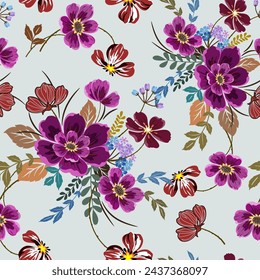 Purple flowers, hand drawn, seamless, on a light background. Designed for sticking wallpaper, fabric, textiles, gift wrapping paper.
