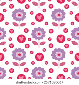 Purple flowers and hearts, Valentine's Day, Scandinavian style, perfect for fabric, wrapping paper, textile, baby bedding, wallpaper, pajamas.