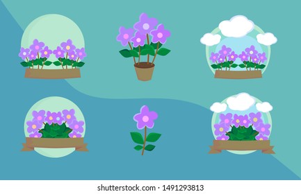 purple flowers icon set vector