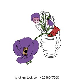 Purple flowers inside white mortar. Isolated on white background.