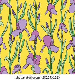 Purple flowers irises on a yellow background. Hand-drawn seamless vector pattern. Botanical design for fabric, paper, packaging