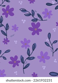 Flores moradas e ilustraciones de hojas, estética vectorial para papel pintado, decoración de paredes, cubiertas de plantillas, impresiones de arte