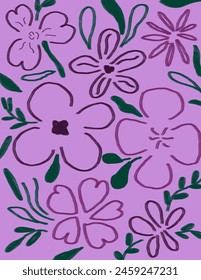 Purple flowers and leaves pattern on purple background, illustrations vector, aesthetic for wallpaper, wall decor, templates covers, art prints. Aesthetic