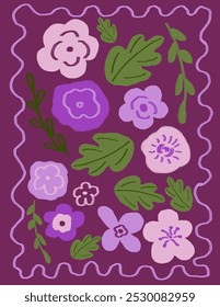 Purple flowers and leaves pattern on purple background, illustrations, vector aesthetic for wallpaper, wall decor, templates covers, art prints