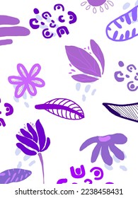 violette Blumen und Blätter Muster auf weißem Hintergrund, Vektorgrafik, Illustrationen für Vorlagen, Tapeten, Tapeten, Designs usw.