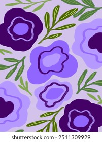 Flores roxas e folhas padrões no fundo roxo para pacote de marca, impressão de tecido, papel de parede, post de mídia social, rabiscar, notas, capas de livros, decoração de parede.