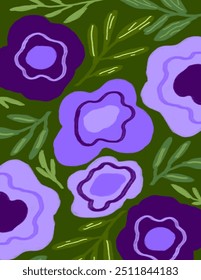 Flores roxas e folhas padrões em fundo verde para pacote de marca, impressão de tecido, papel de parede, post de mídia social, rabiscar, notas, capas de livros, decoração de parede.