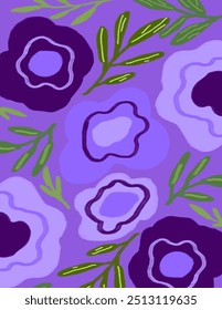 Purple flowers and leaves patterns on purple background for branding package, fabric print, wallpaper, social media post, doodle, notes, book covers, wall decor.