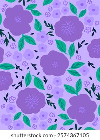 Purple flowers and leaves patterns on purple background illustrations, vector aesthetic for wallpaper, wall decor, templates covers, art prints